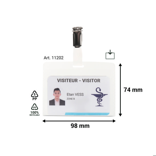Visitor ID badge set, PP, met insteekkaartjes en klem, horizontaal