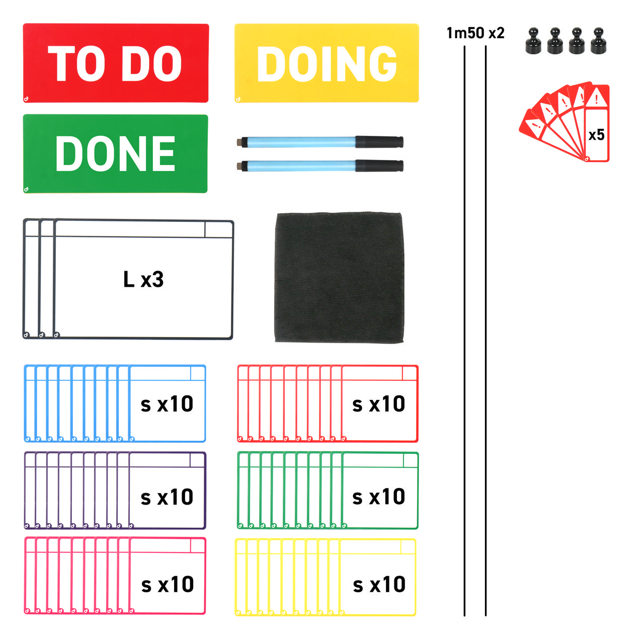 Magnetische taakkaartenset voor Kanban-bord, 3 kolommen, S-kaarten