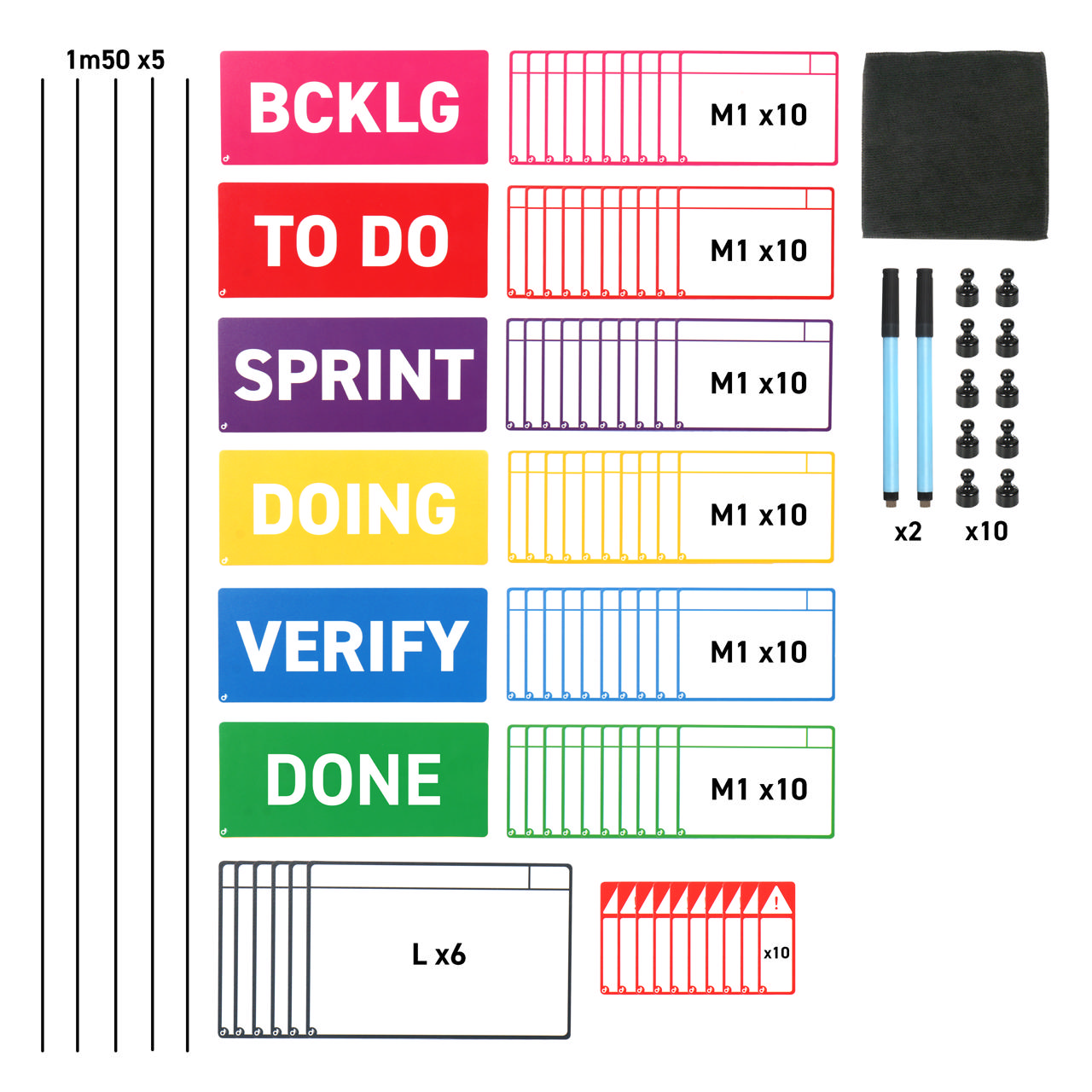 Magnetische taakkaartenset voor Scrum-bord, 6 kolommen, M-kaarten
