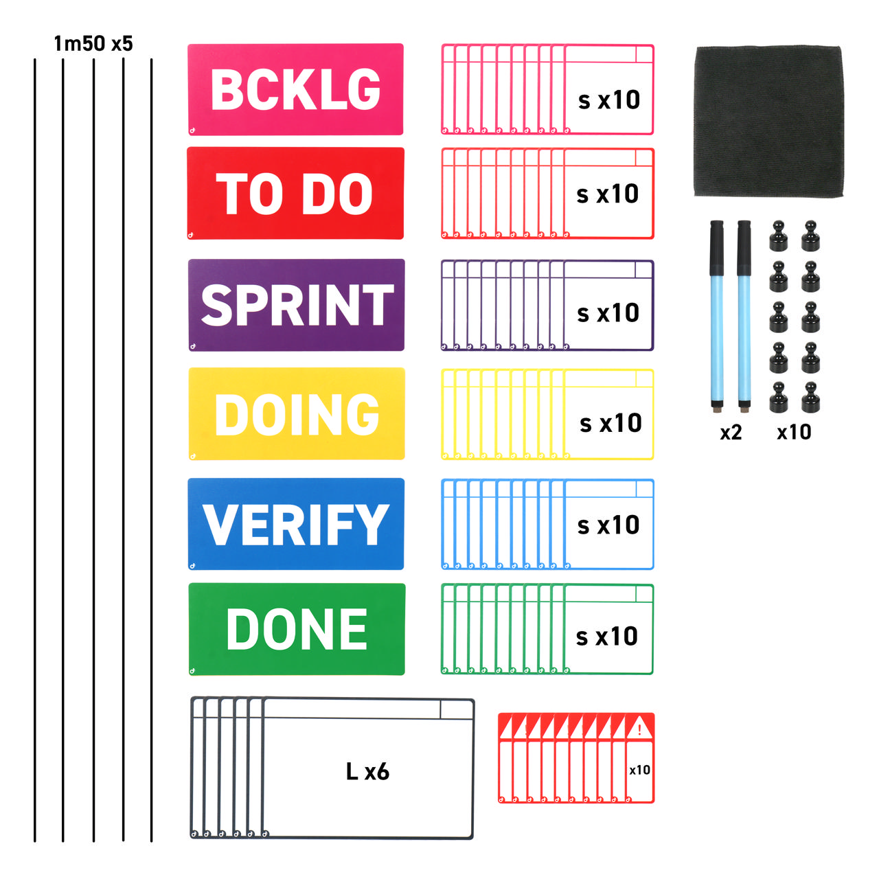 Magnetische taakkaartenset voor Scrum-bord, 6 kolommen, S-kaarten