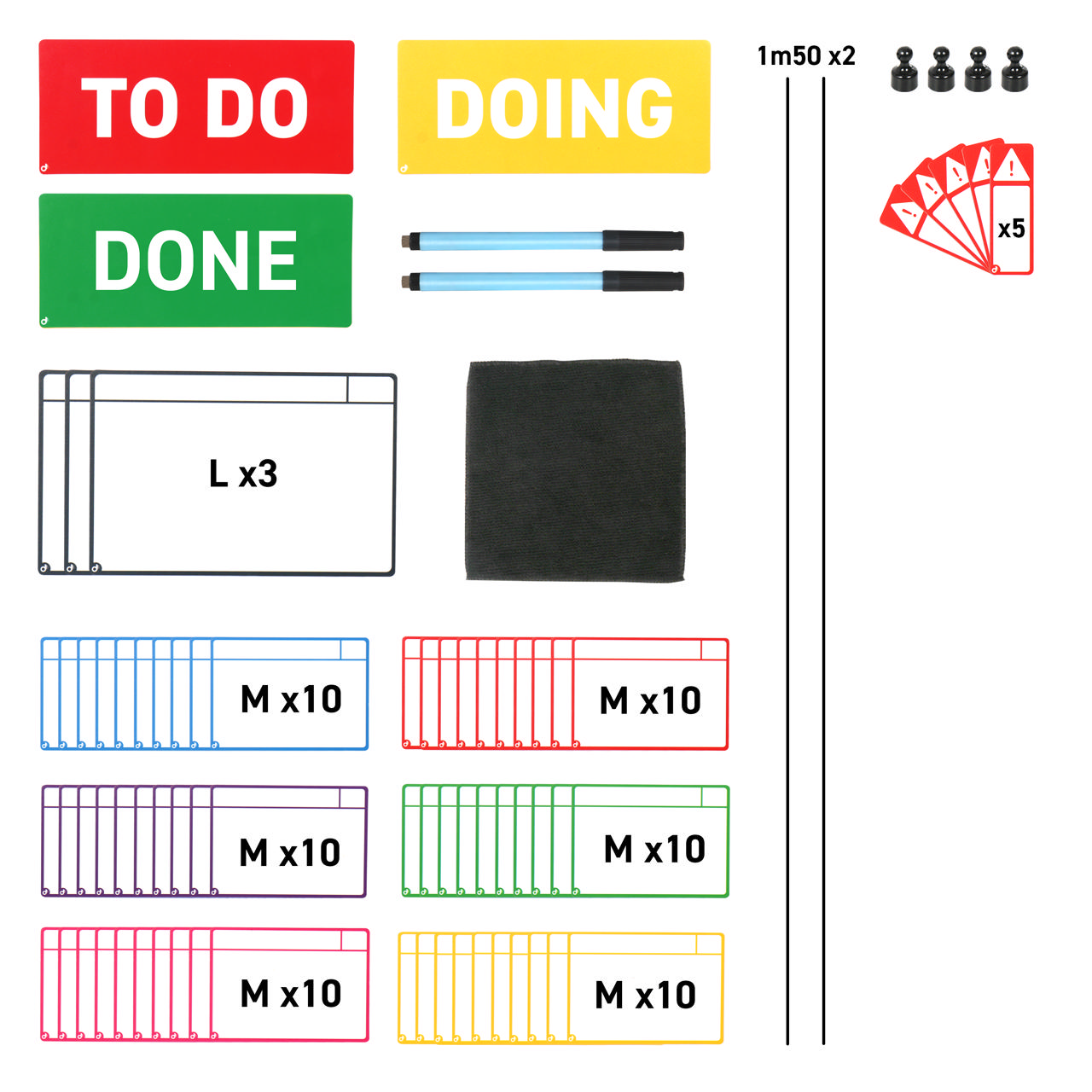 Magnetische taakkaartenset voor Kanban-bord, 3 kolommen, M-kaarten
