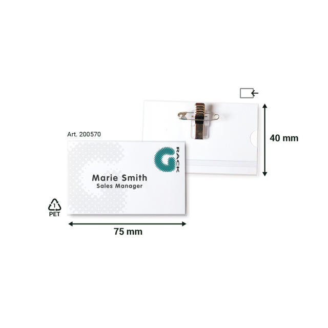 Naambadge met pin en klem, met insteekkaarten, 40 x 75 mm