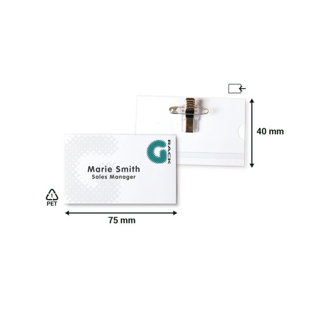 Naambadge met pin en klem, met insteekkaarten, 40 x 75 mm
