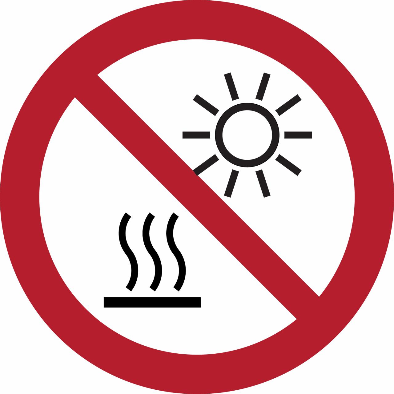 Pictogram bordje Blootstellen aan direct zonlicht of heet oppervlak verboden, Ø 100 mm