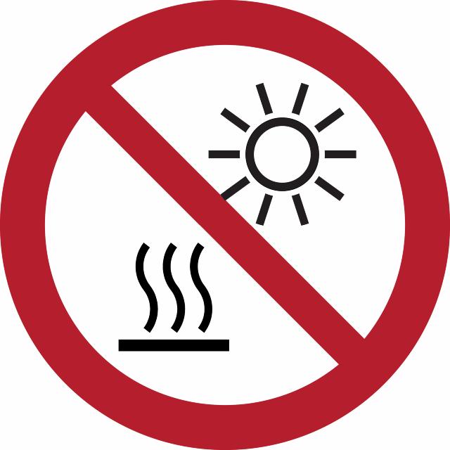 Pictogram bordje Blootstellen aan direct zonlicht of heet oppervlak verboden, Ø 100 mm