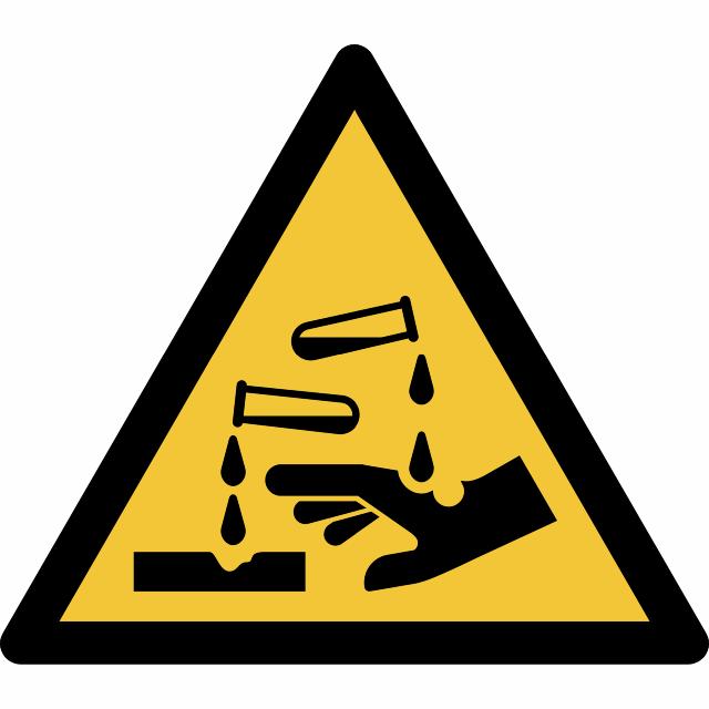 Pictogram bordje Waarschuwing: bijtende stoffen, 300 x 264 mm