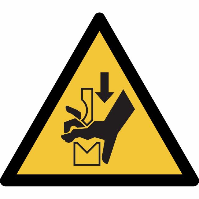 Pictogram bordje Waarschuwing: mogelijke beklemming in persbank, 150 x 133 mm