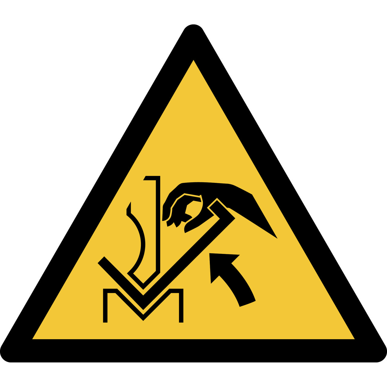 Pictogram bordje Waarschuwing: mogelijke beklemming tussen materiaal en persbank, 150 x 133 mm