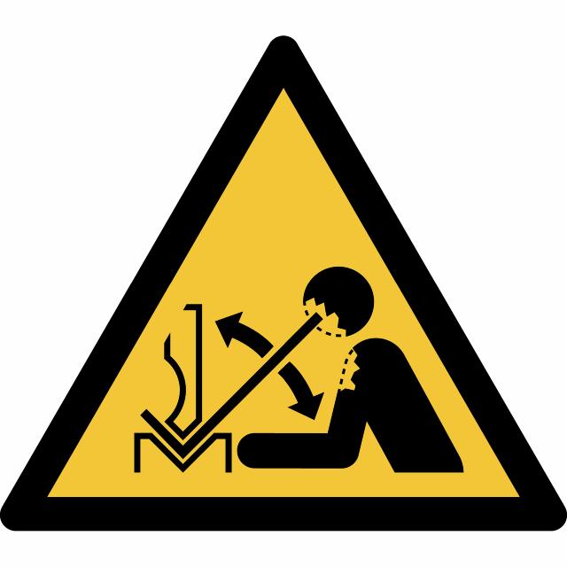 Pictogram bordje Waarschuwing: gevaar voor sneldraaiend werkstuk in persbank, 150 x 133 mm