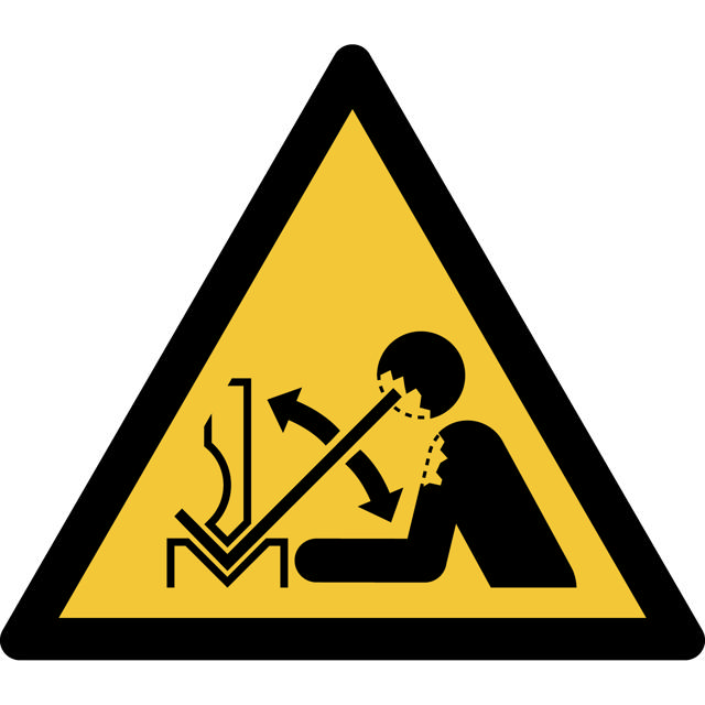 Pictogram bordje Waarschuwing: gevaar voor sneldraaiend werkstuk in persbank, 200 x 176 mm