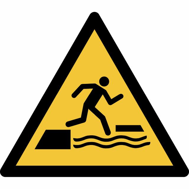 Pictogram bordje Waarschuwing: Valgevaar bij het betreden of verlaten van een drijvend oppervlak, 150 x 133 mm