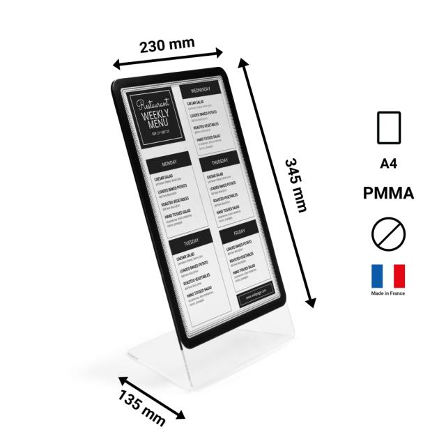 Acryl L-standaard med A4 Magneto display frame, staand/liggend