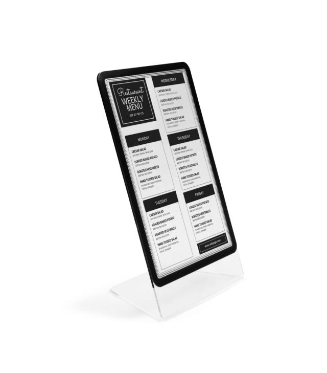 Acryl L-standaard med A4 Magneto display frame, staand/liggend